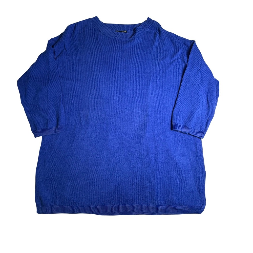 Eileen Fisher Royal Blue Linen Cotton Blend Sweater L/XL Crew Neck 3/4 Sleeve